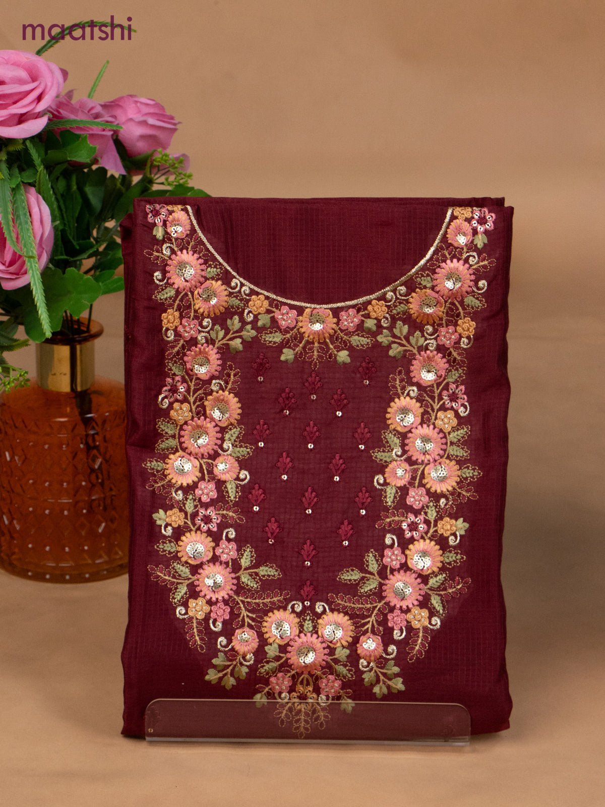 Semi tussar dress material maroon with sequin & embroidery work neck pattern and bottom & embroidery dupatta