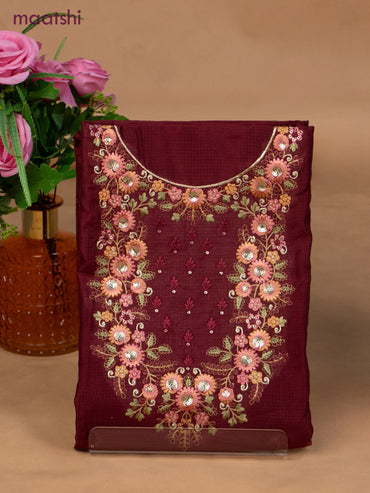 Semi tussar dress material maroon with sequin & embroidery work neck pattern and bottom & embroidery dupatta