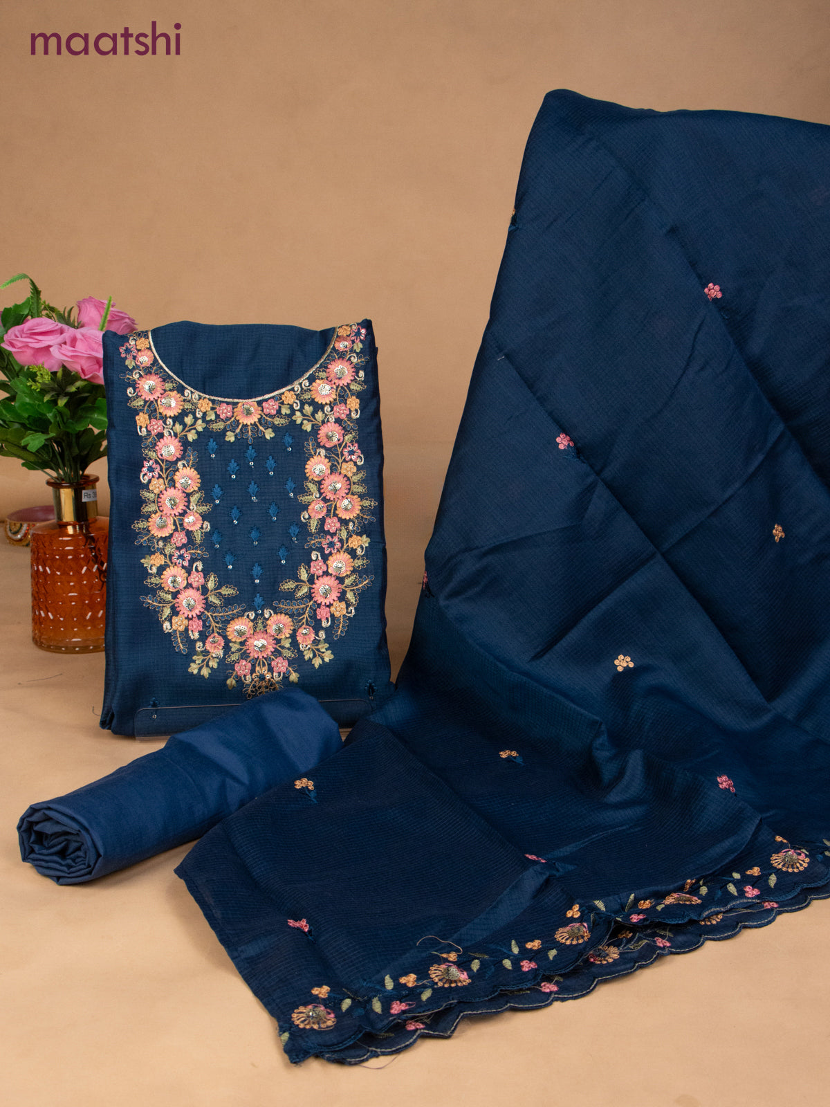 Semi tussar dress material peacock blue with sequin & embroidery work neck pattern and bottom & embroidery dupatta