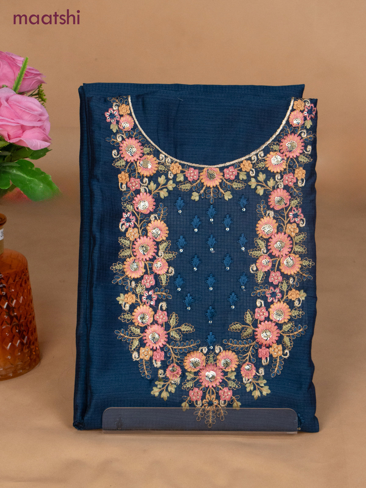 Semi tussar dress material peacock blue with sequin & embroidery work neck pattern and bottom & embroidery dupatta