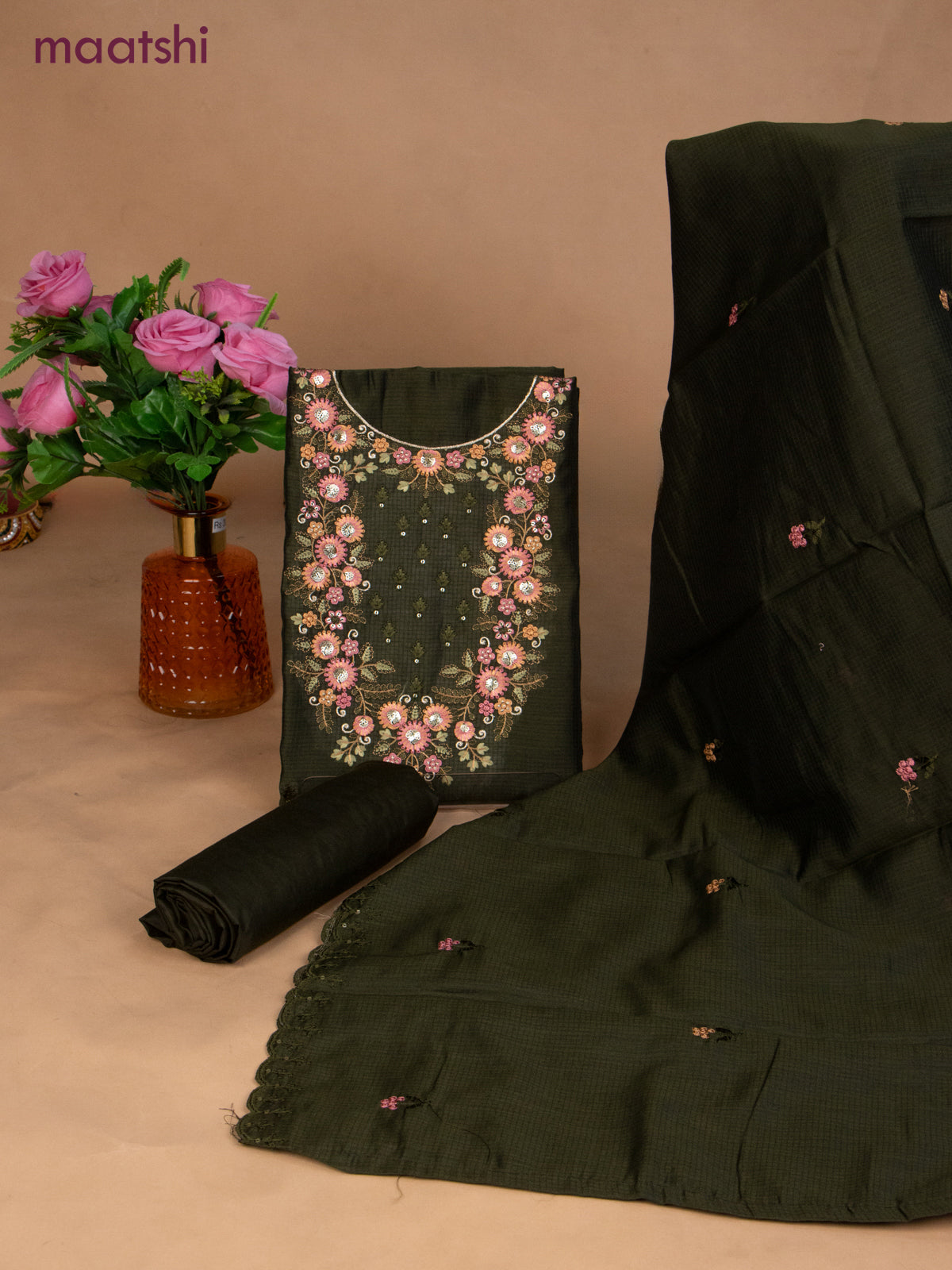Semi tussar dress material sap green with sequin & embroidery work neck pattern and bottom & embroidery dupatta