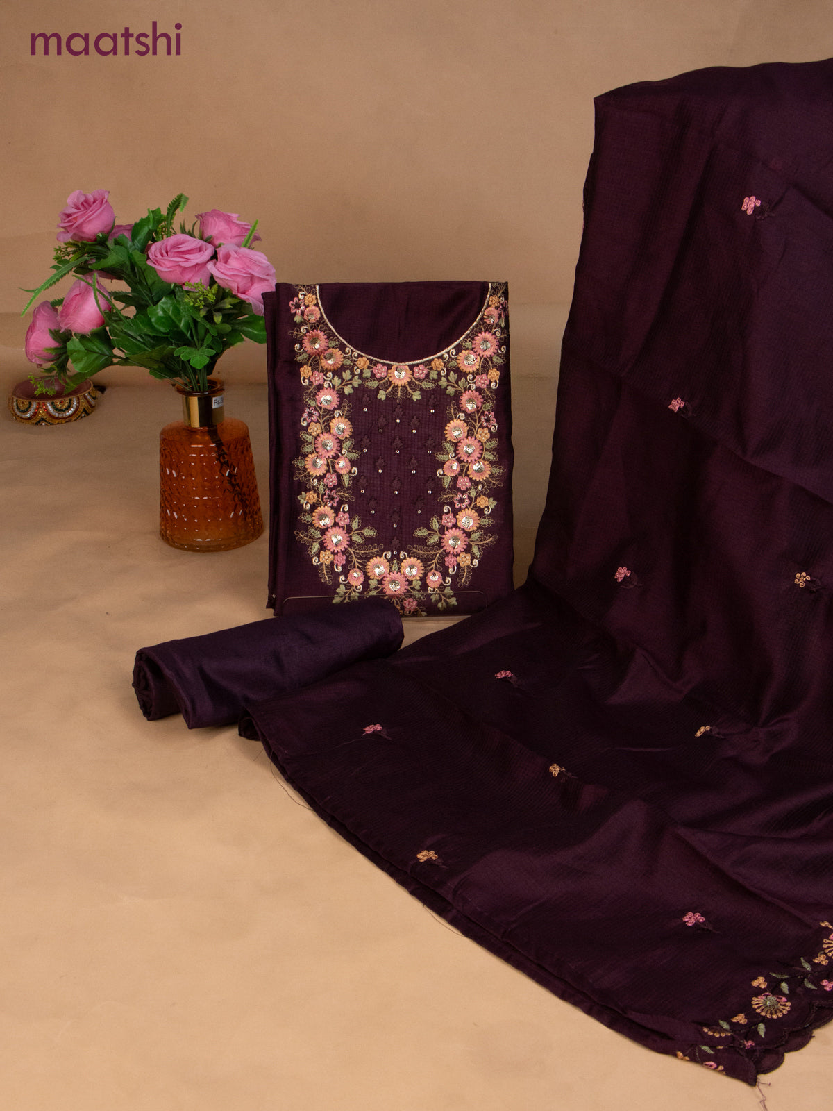Semi tussar dress material wine shade with sequin & embroidery work neck pattern and bottom & embroidery dupatta