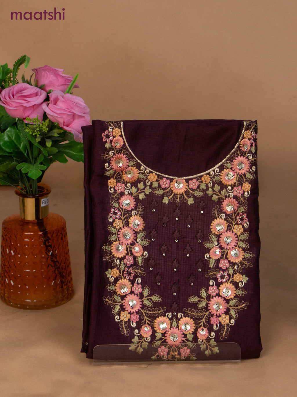 Semi tussar dress material wine shade with sequin & embroidery work neck pattern and bottom & embroidery dupatta