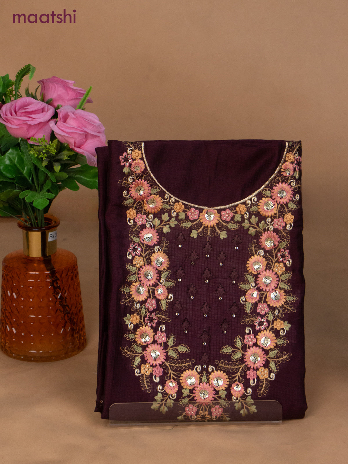Semi tussar dress material wine shade with sequin & embroidery work neck pattern and bottom & embroidery dupatta