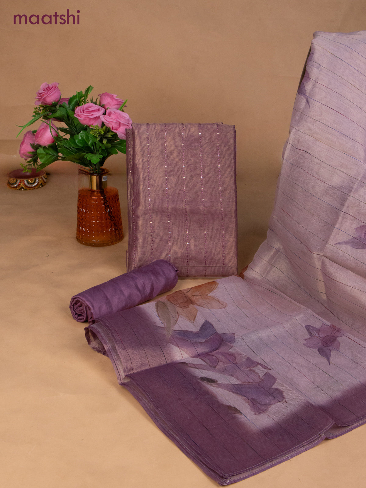 Tissue dress material mauve pink with allover sequin work and bottom & dupatta