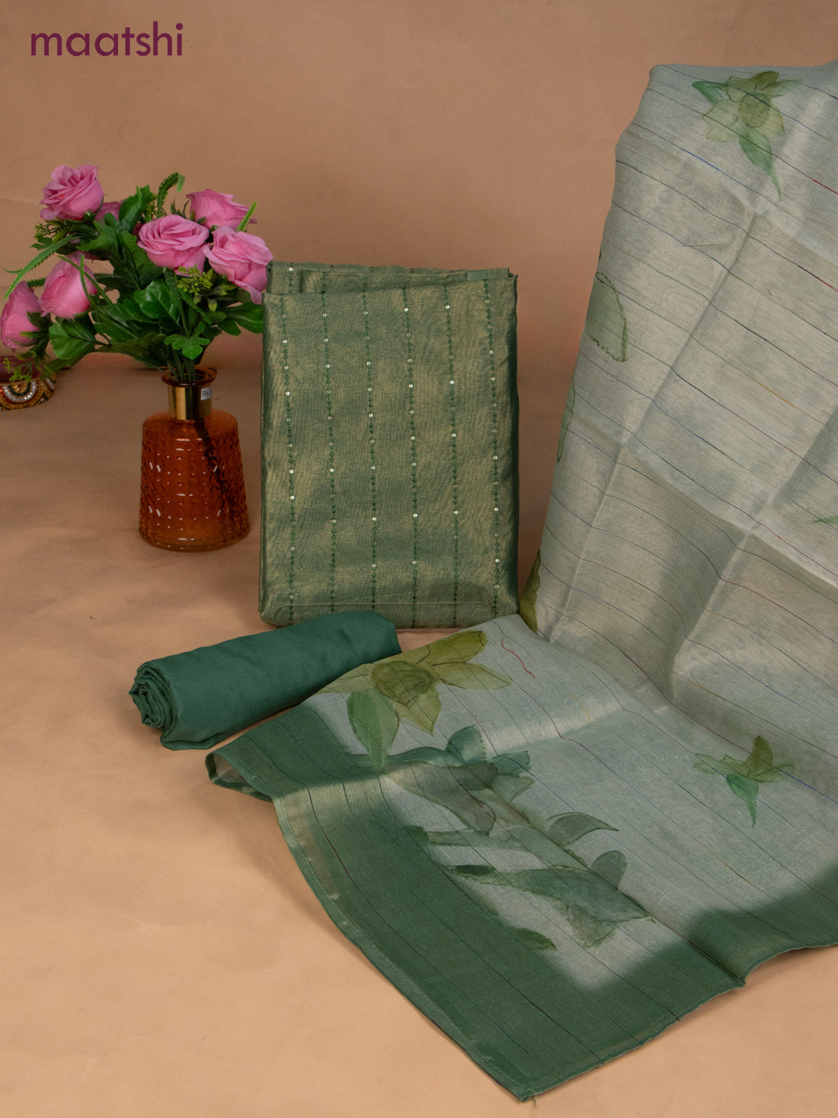Tissue dress material green with allover sequin work and bottom & dupatta