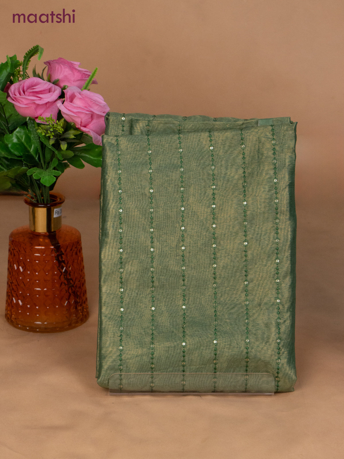 Tissue dress material green with allover sequin work and bottom & dupatta