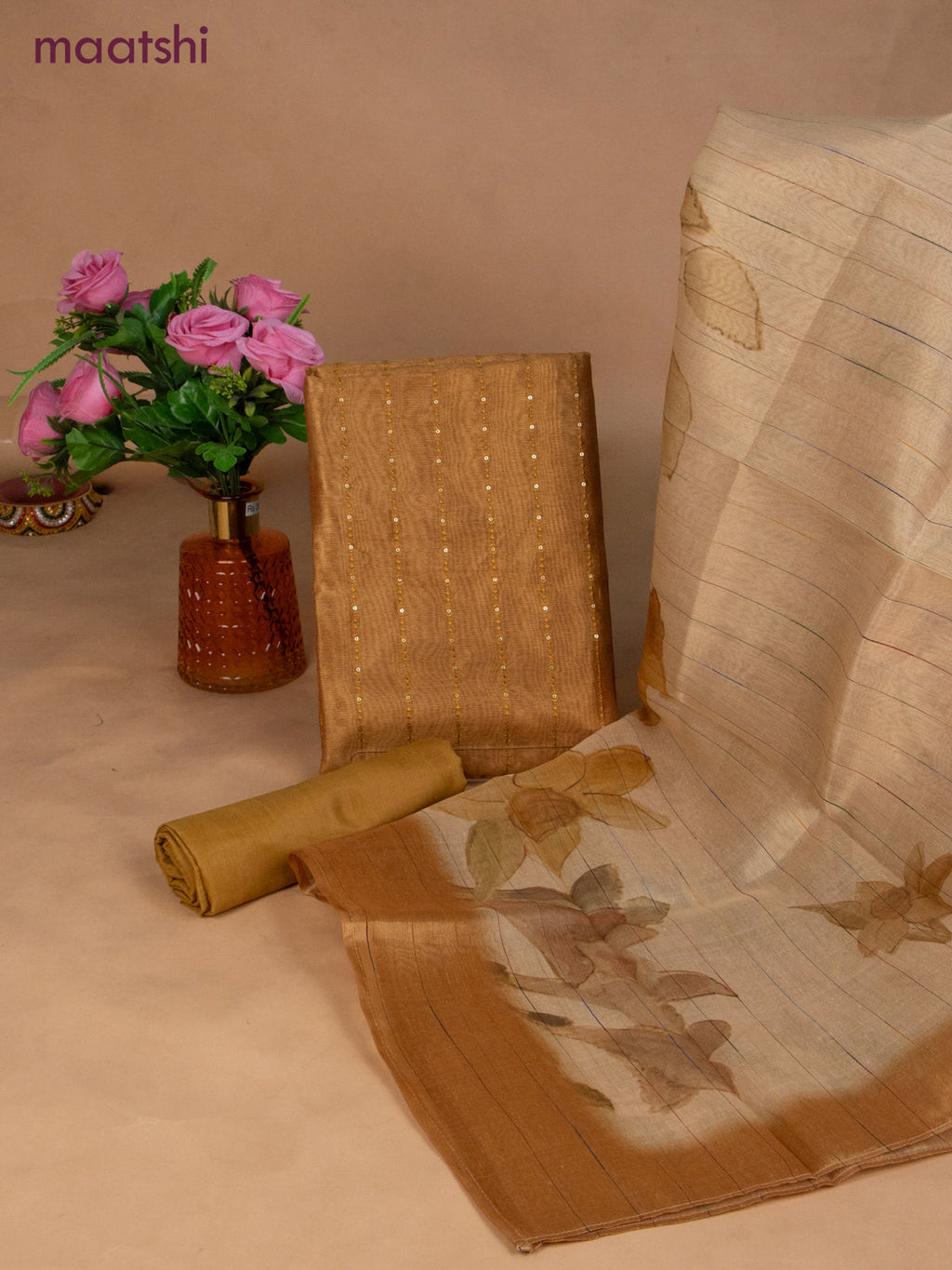 Tissue dress material mustard yellow with allover sequin work and bottom & dupatta