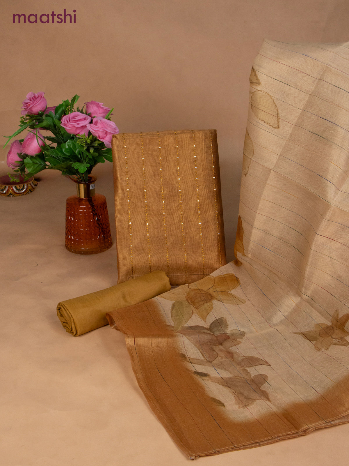 Tissue dress material mustard yellow with allover sequin work and bottom & dupatta