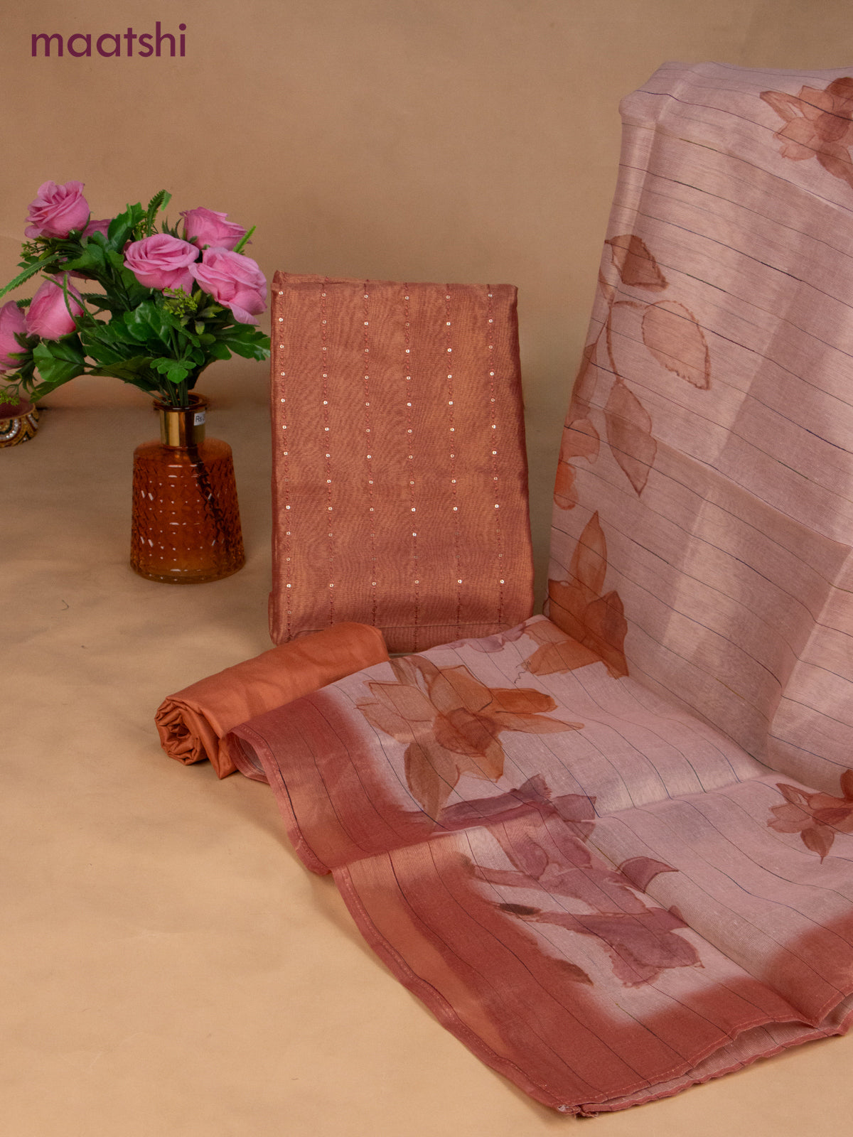 Tissue dress material rustic orange with allover sequin work and bottom & dupatta