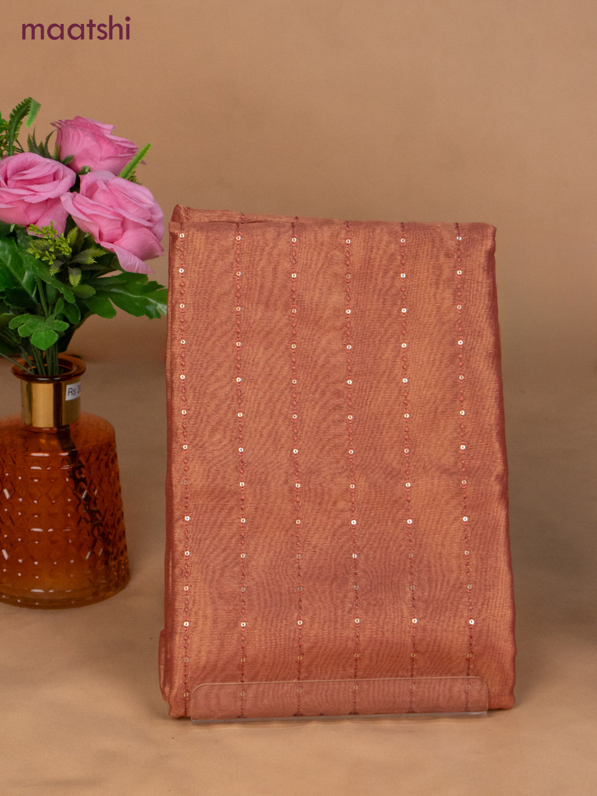 Tissue dress material rustic orange with allover sequin work and bottom & dupatta