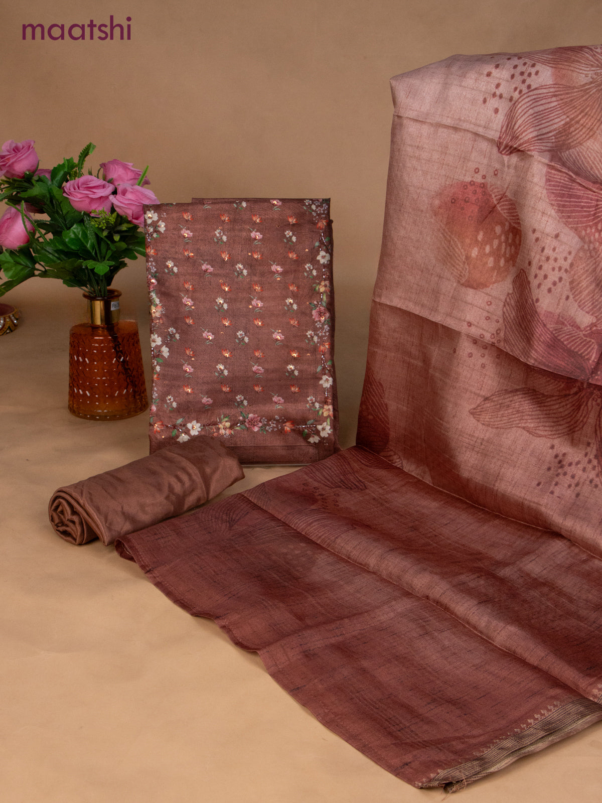 Muslin dress material peach shade with sequin & beaded work neck pattern and bottom & dupatta