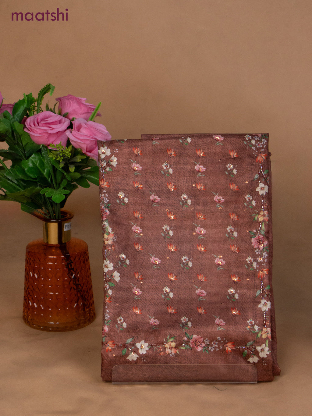 Muslin dress material peach shade with sequin & beaded work neck pattern and bottom & dupatta