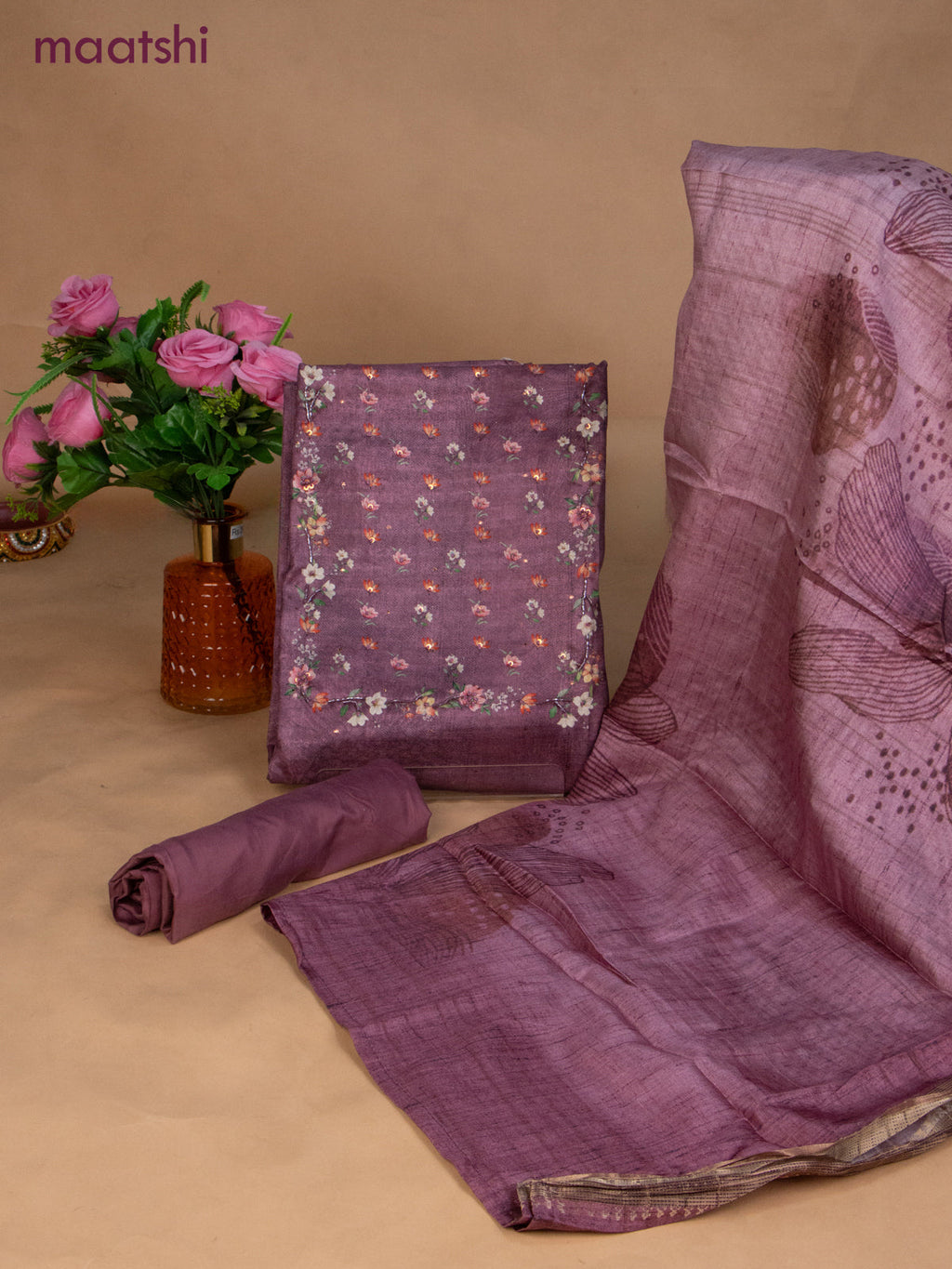 Muslin dress material mauve pink with sequin & beaded work neck pattern and bottom & dupatta