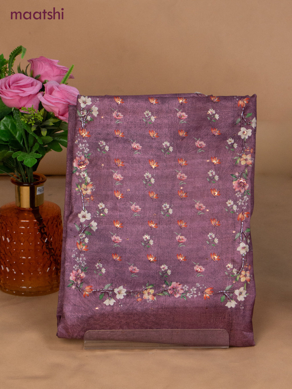 Muslin dress material mauve pink with sequin & beaded work neck pattern and bottom & dupatta