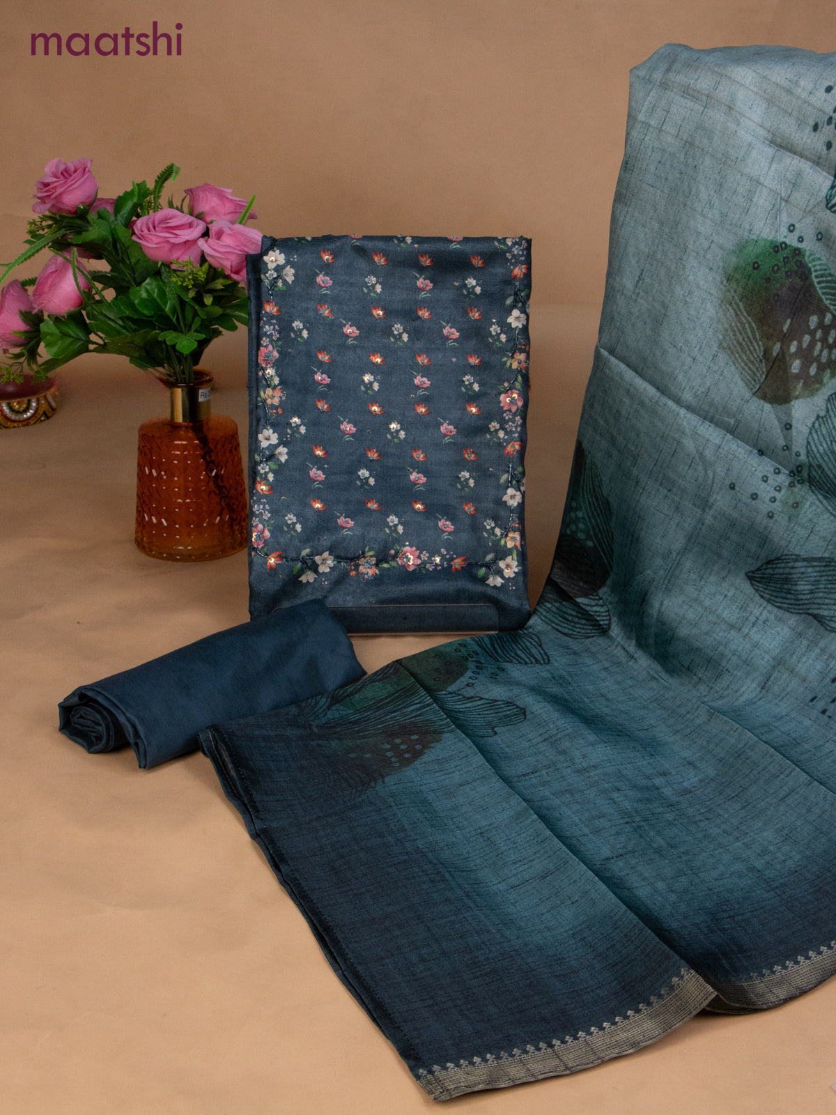 Muslin dress material peacock blue with sequin & beaded work neck pattern and bottom & dupatta