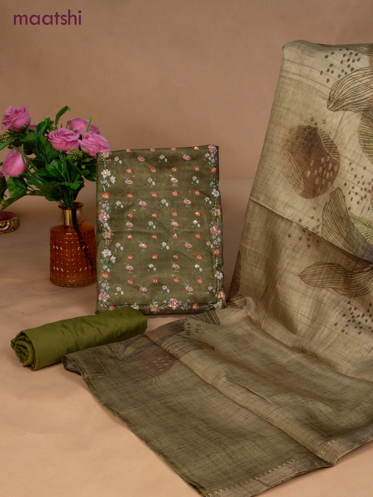Muslin dress material mehandi green with sequin & beaded work neck pattern and bottom & dupatta