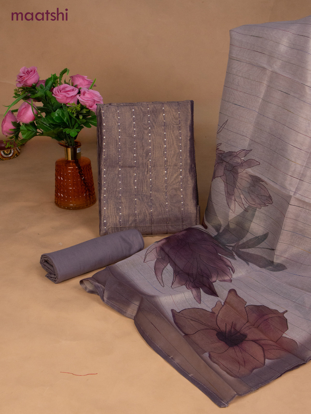 Tissue dress material purple shade with allover sequin work and bottom & dupatta