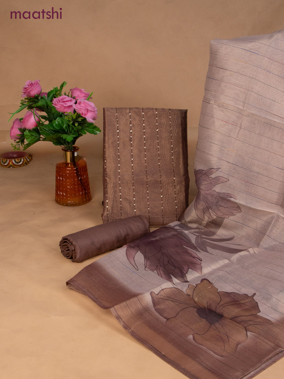 Tissue dress material brown shade with allover sequin work and bottom & dupatta