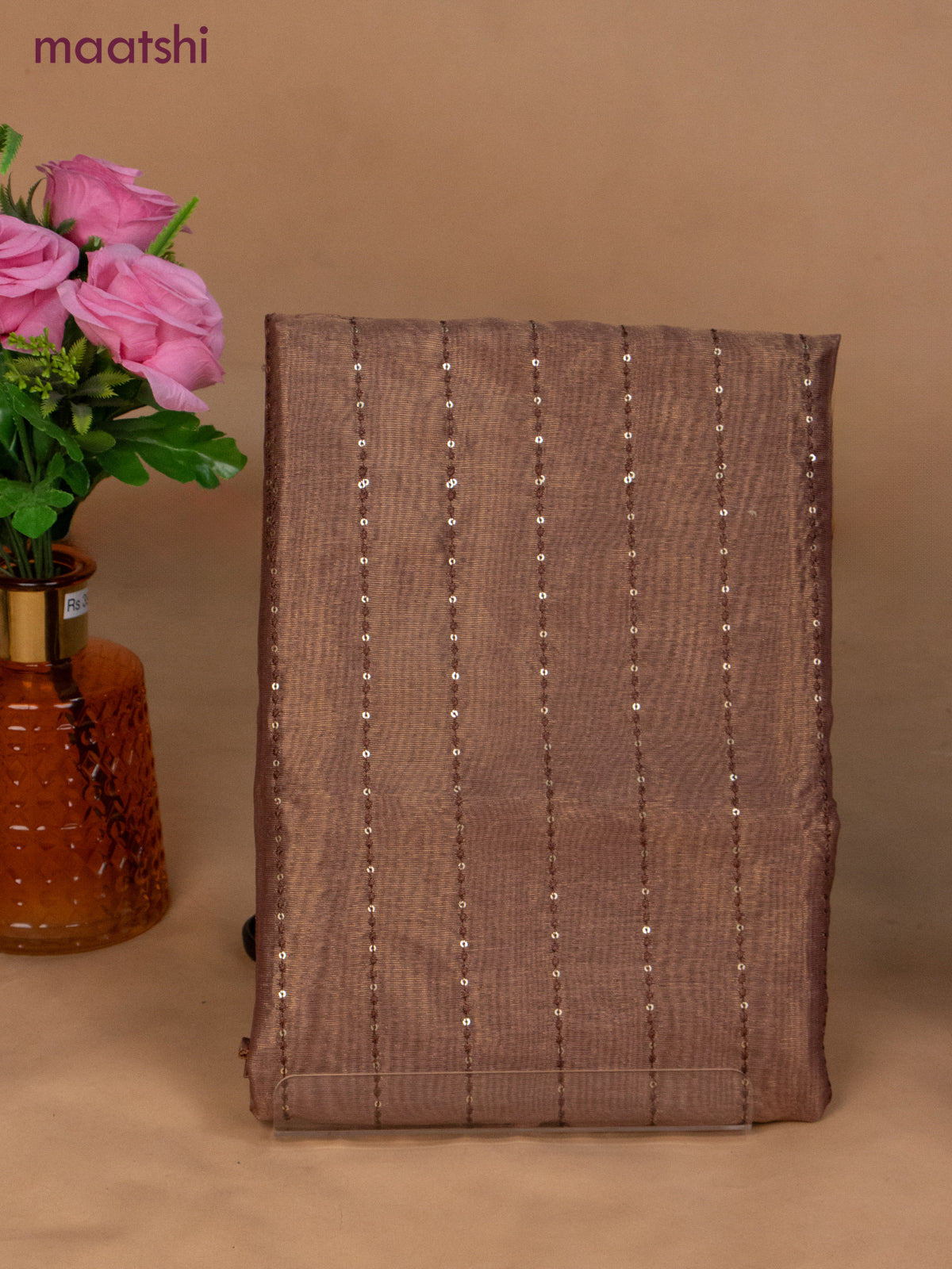 Tissue dress material brown shade with allover sequin work and bottom & dupatta