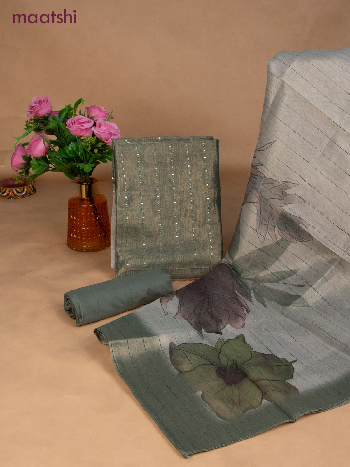 Tissue dress material green shade and grey shade with allover sequin work and bottom & dupatta