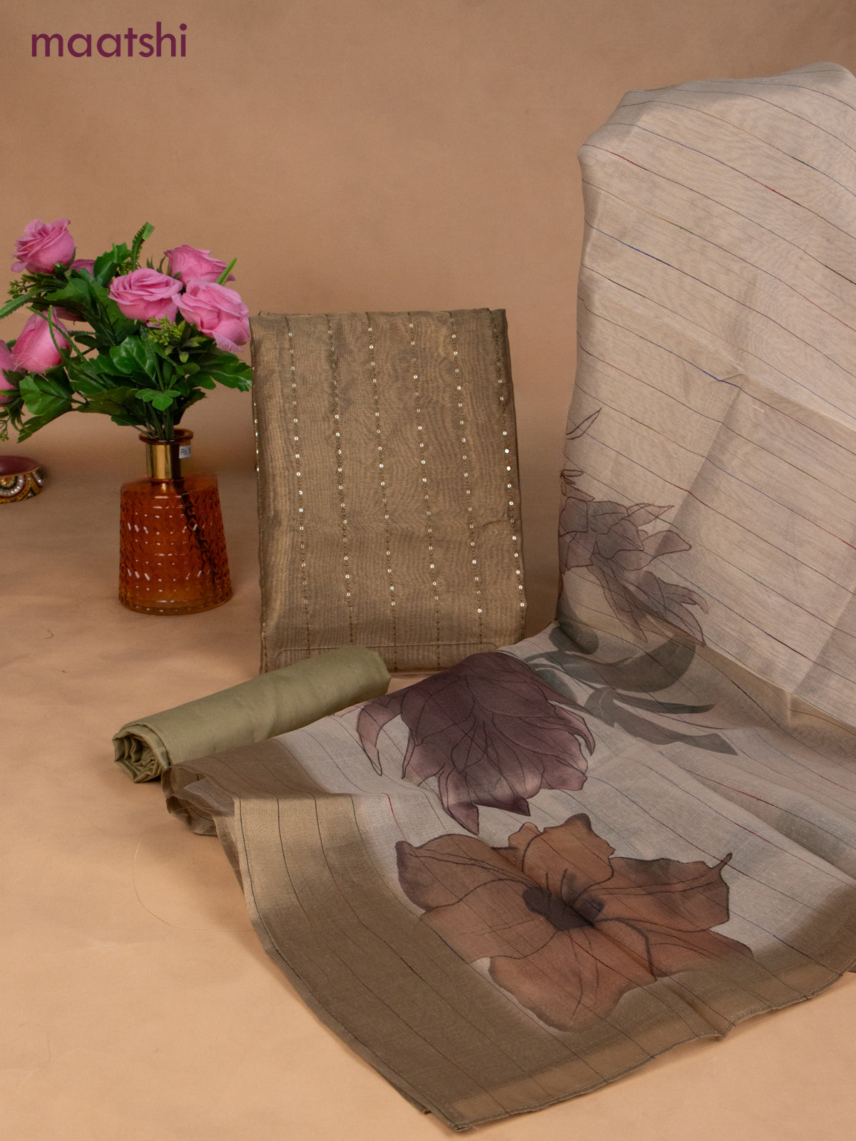 Tissue dress material mustard shade and beige with allover sequin work and bottom & dupatta
