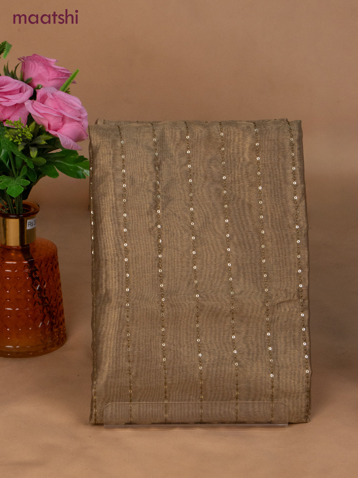Tissue dress material mustard shade and beige with allover sequin work and bottom & dupatta