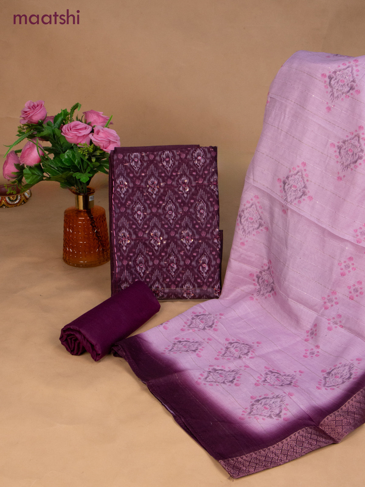 Semi tussar dress material dark magenta and peach pink with prints & sequin beaded work neck pattern and bottom & dupatta