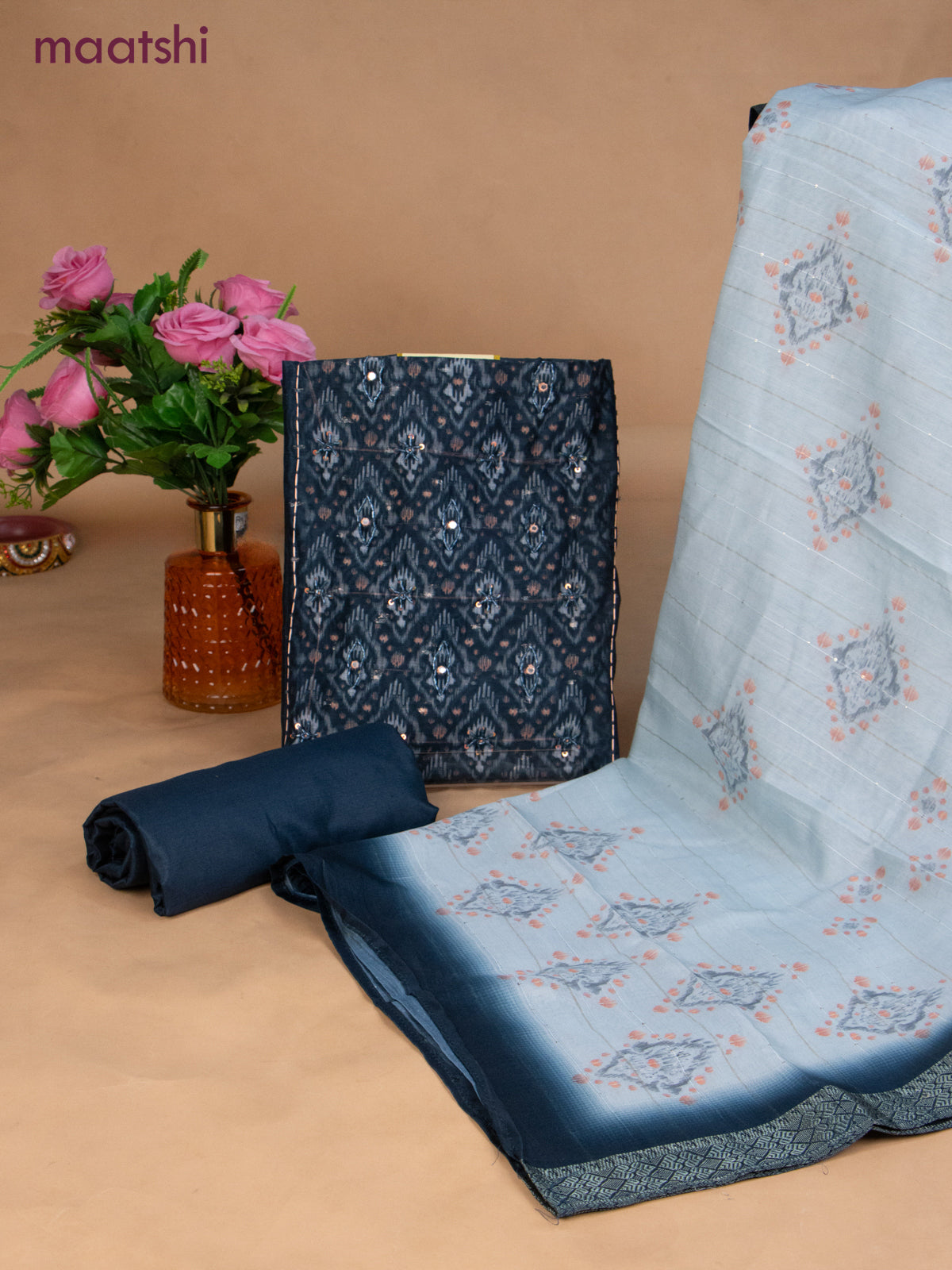 Semi tussar dress material dark peacoock blue and pastel blue with prints & sequin beaded work neck pattern and bottom & dupatta