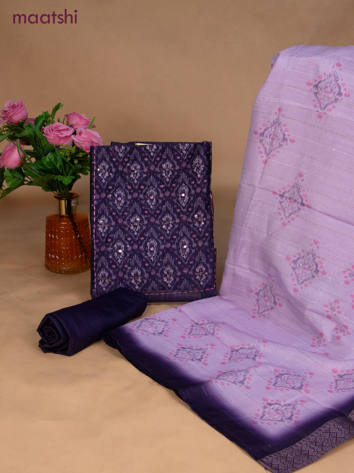 Semi tussar dress material violet and lavender with prints & sequin beaded work neck pattern and bottom & dupatta