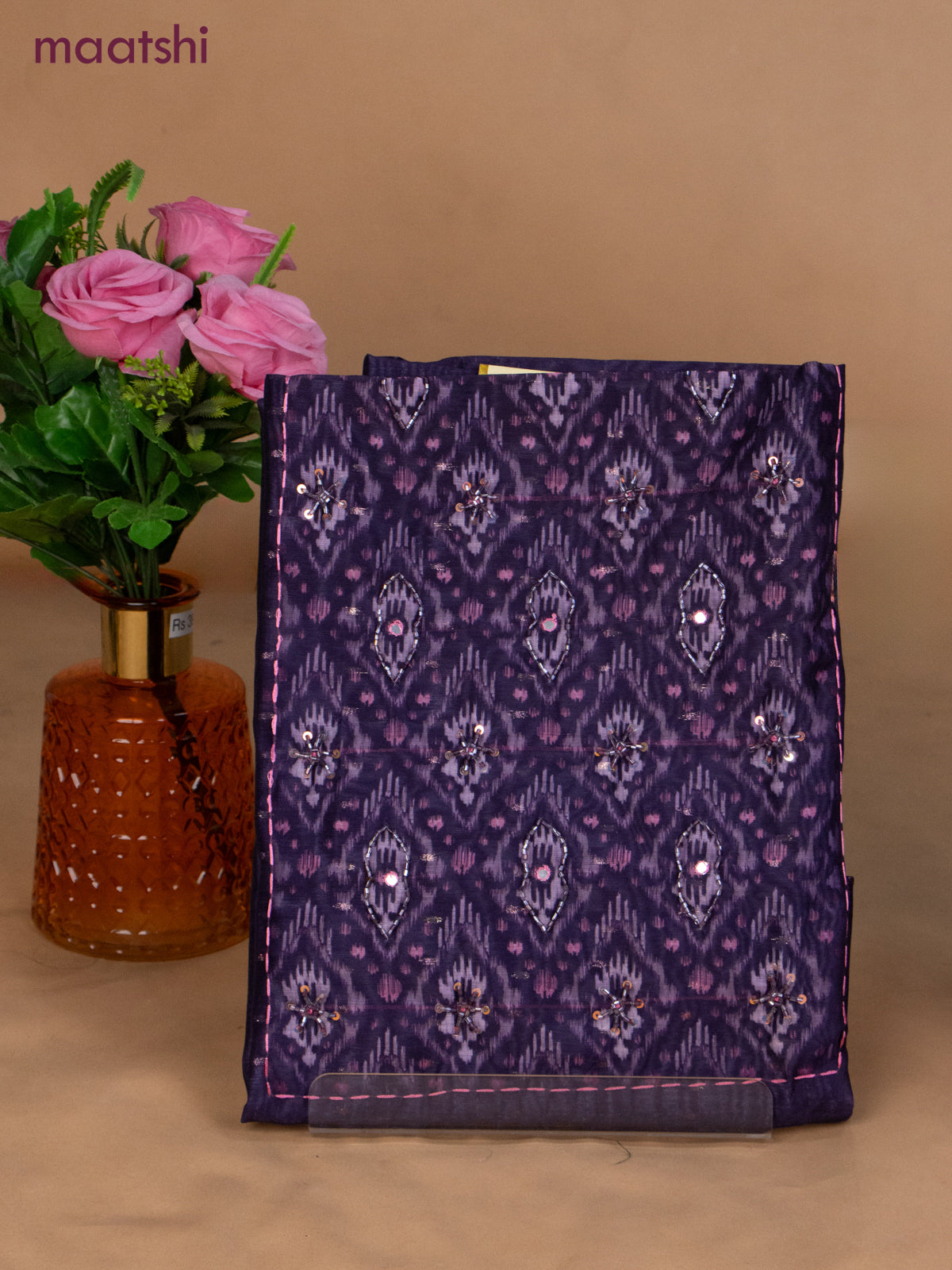 Semi tussar dress material violet and lavender with prints & sequin beaded work neck pattern and bottom & dupatta