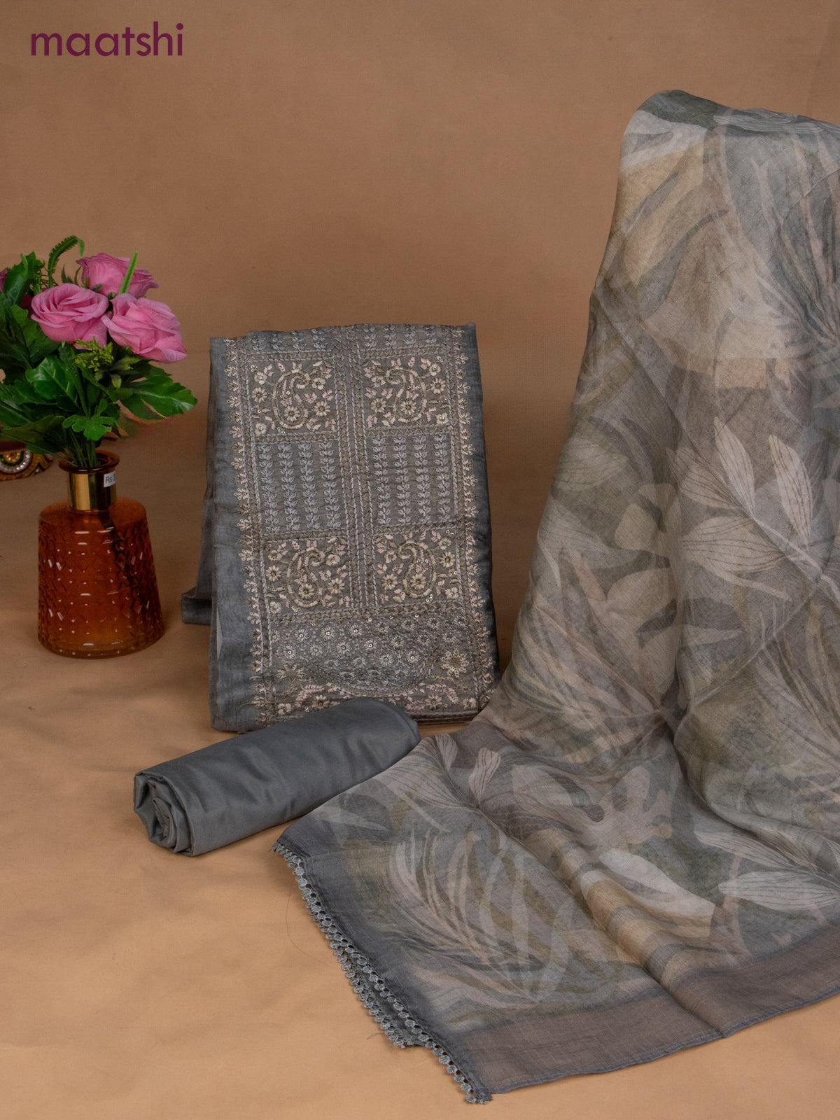Chanderi dress material grey with sequin & embroidery work neck pattern and bottom & dupatta