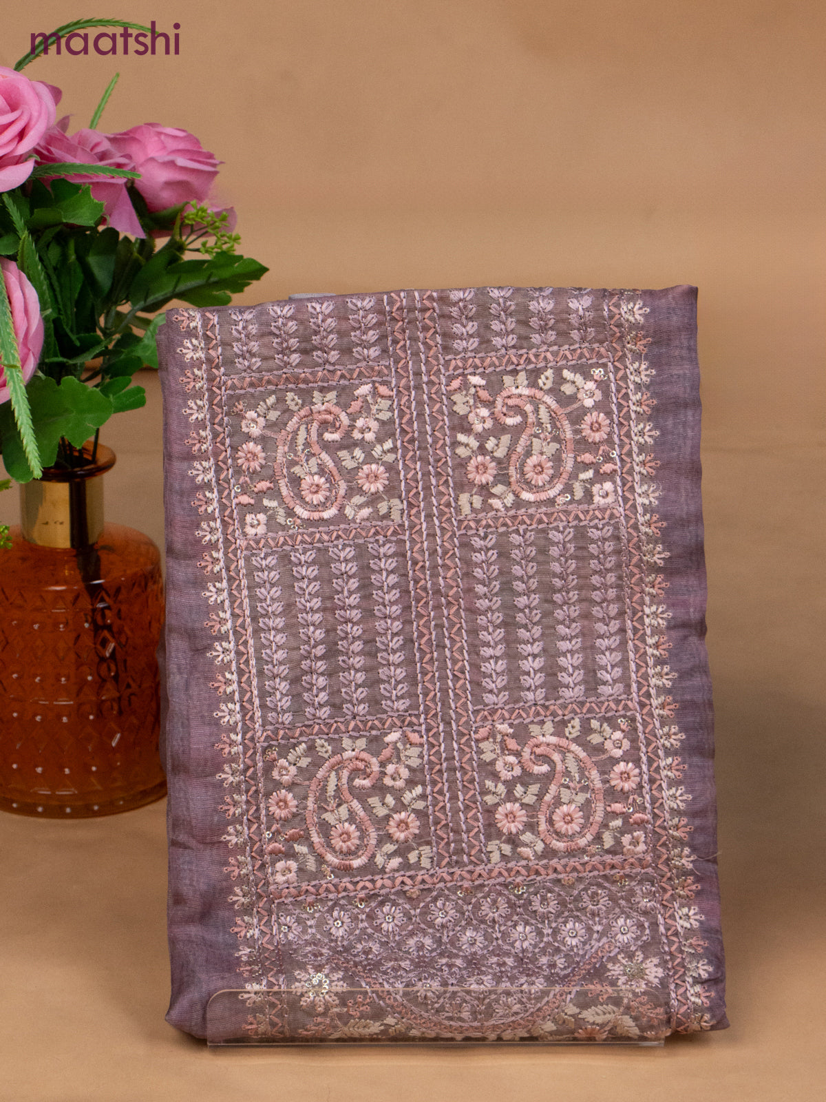 Chanderi dress material rosy brown with sequin & embroidery work neck pattern and bottom & dupatta