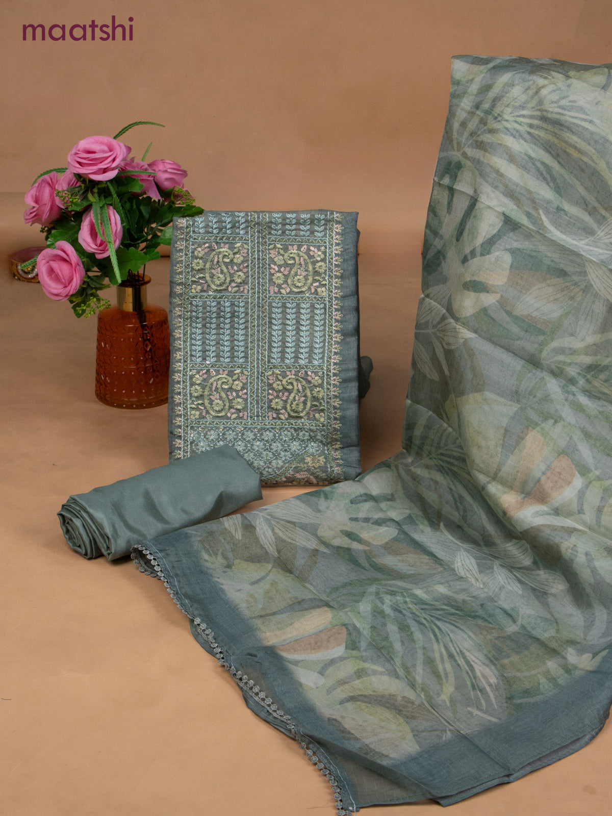 Chanderi dress material teal shade with sequin & embroidery work neck pattern and bottom & dupatta