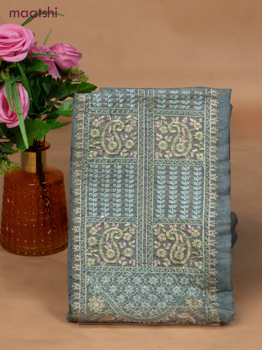 Chanderi dress material teal shade with sequin & embroidery work neck pattern and bottom & dupatta