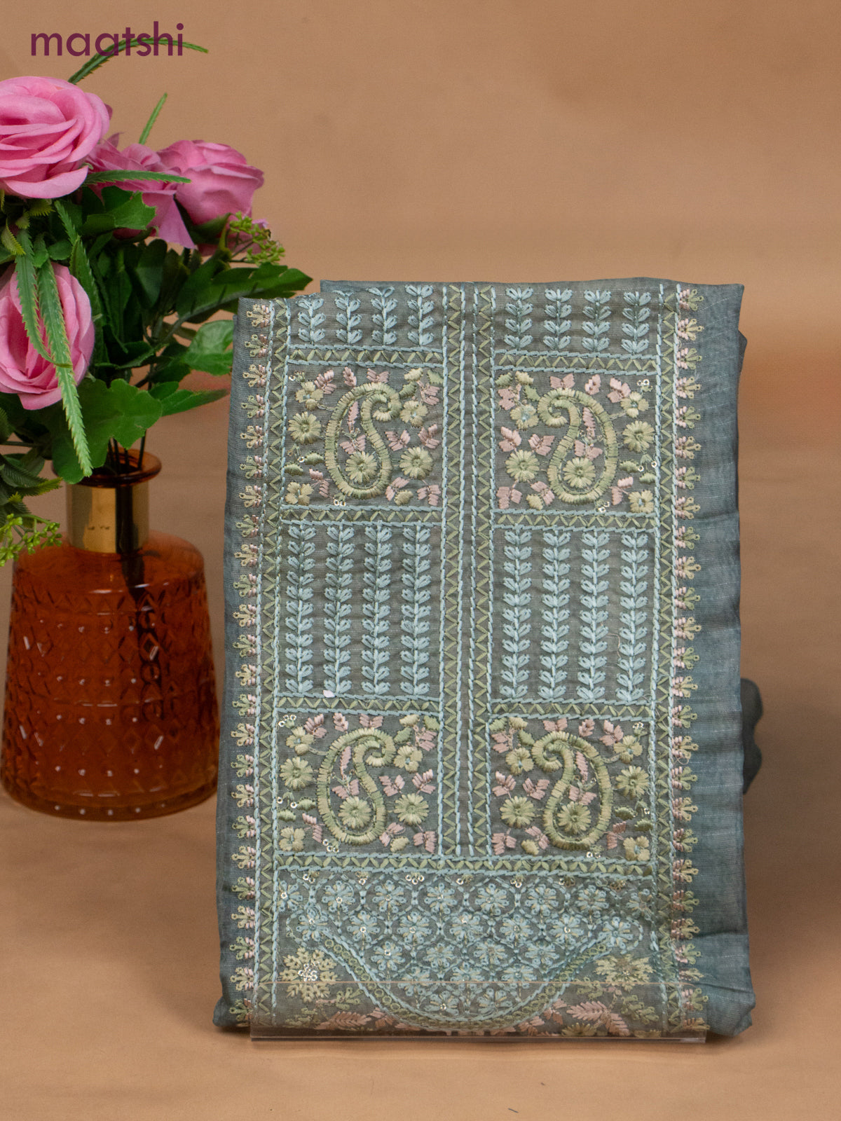 Chanderi dress material teal shade with sequin & embroidery work neck pattern and bottom & dupatta