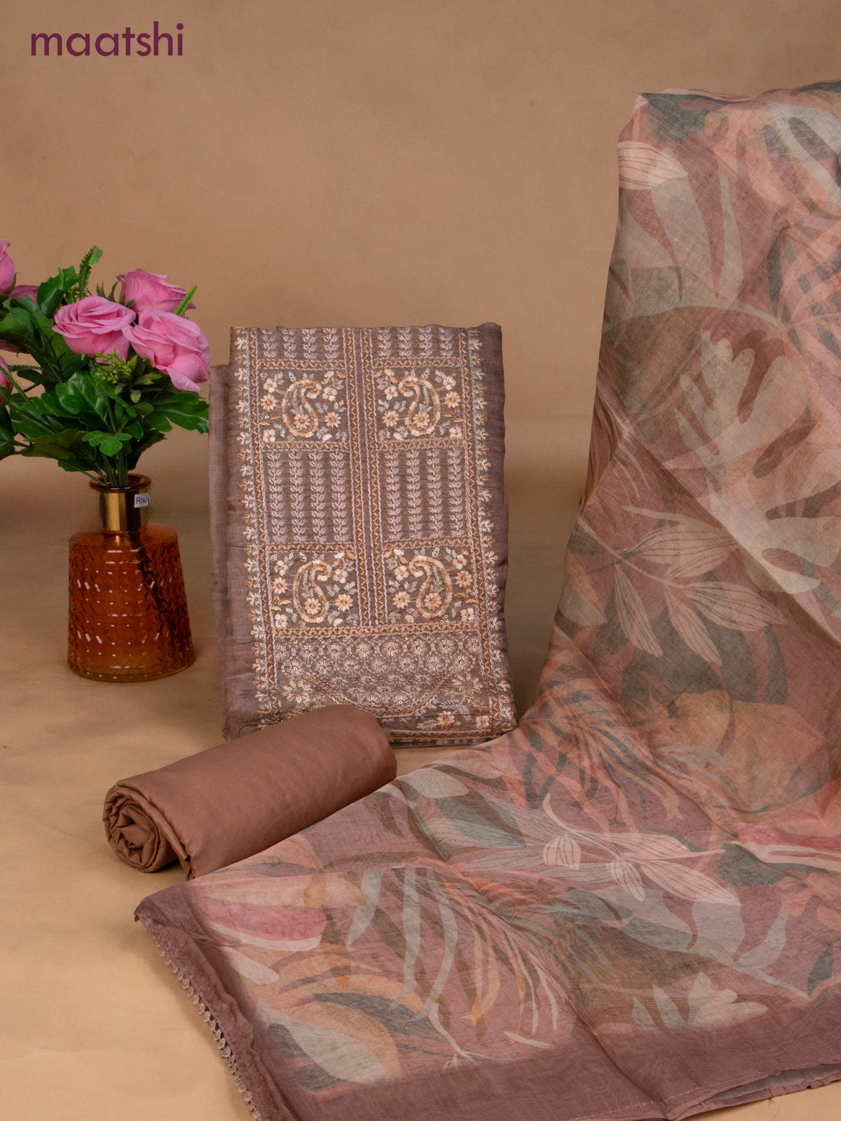 Chanderi dress material brown with sequin & embroidery work neck pattern and bottom & dupatta