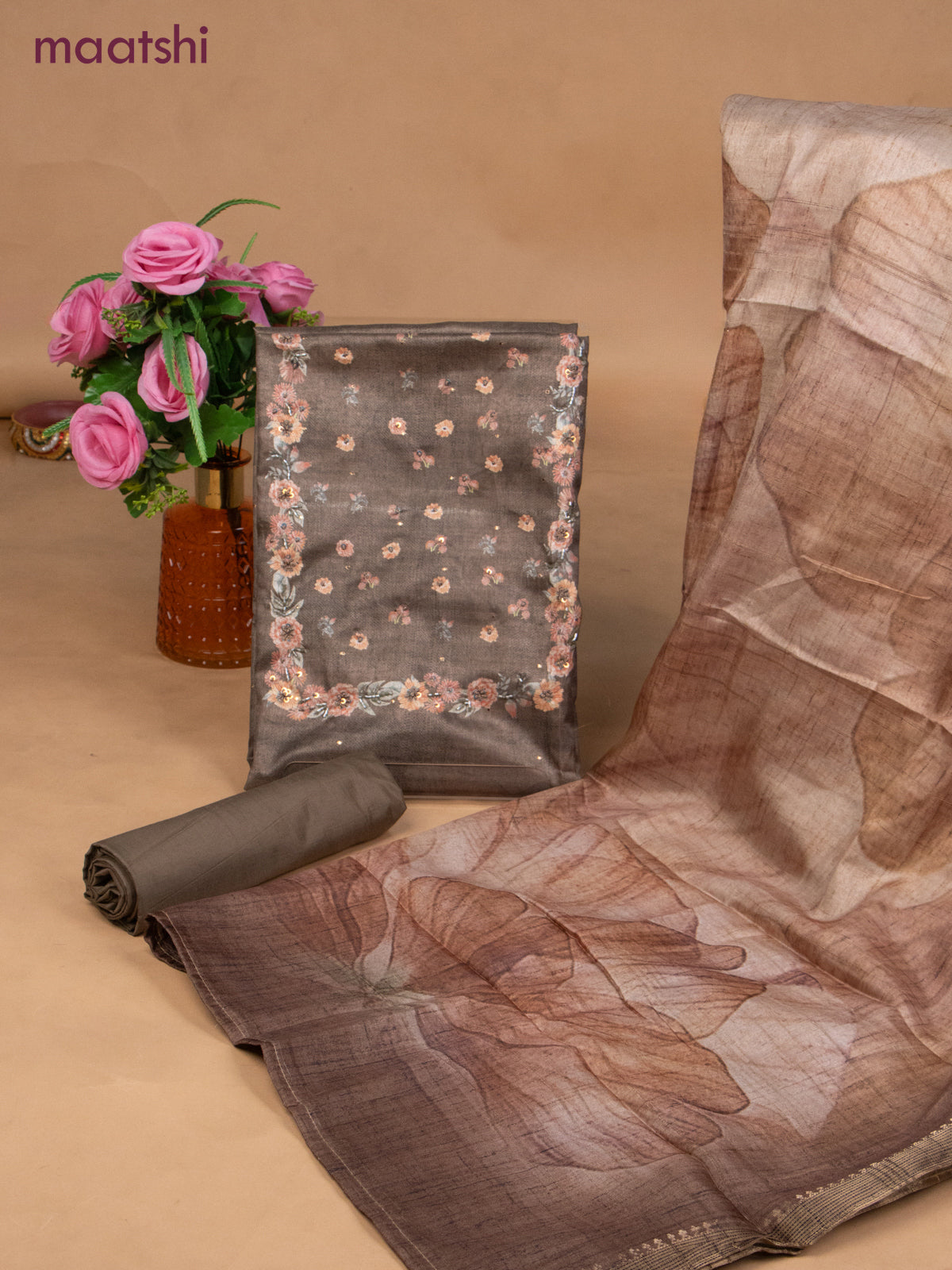 Muslin dress material brown with sequin & beaded work neck pattern and bottom & dupatta