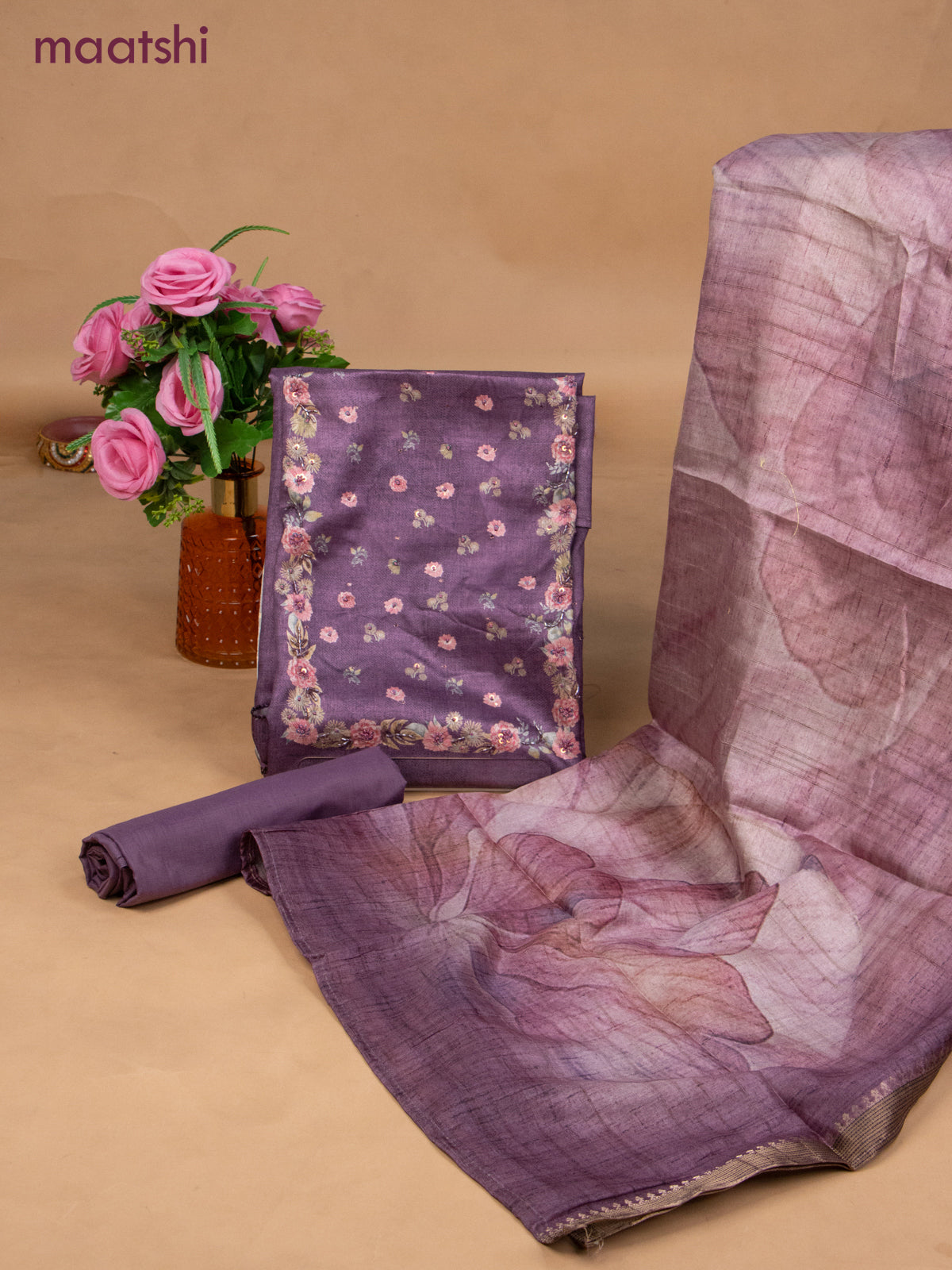 Muslin dress material purple shade with sequin & beaded work neck pattern and bottom & dupatta