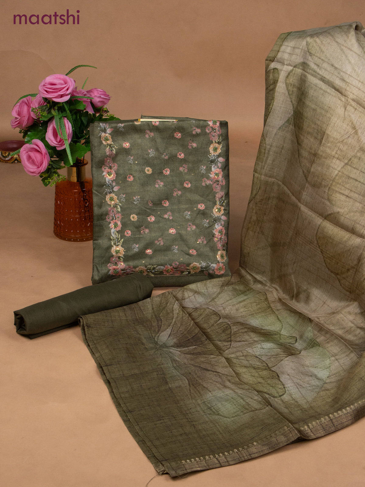 Muslin dress material green shade with sequin & beaded work neck pattern and bottom & dupatta