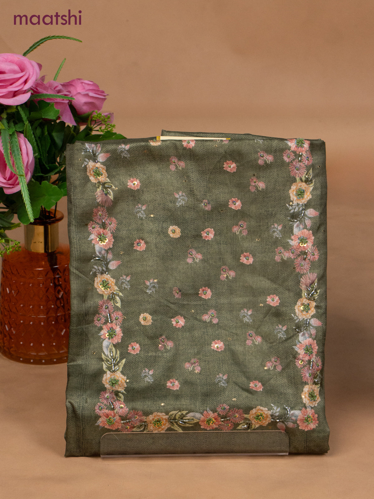 Muslin dress material green shade with sequin & beaded work neck pattern and bottom & dupatta