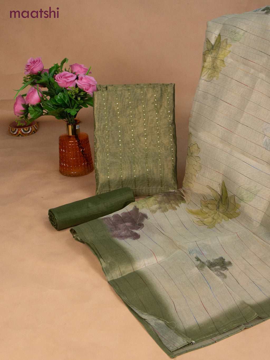 Tissue dress material green shade with allover sequin work and bottom & dupatta
