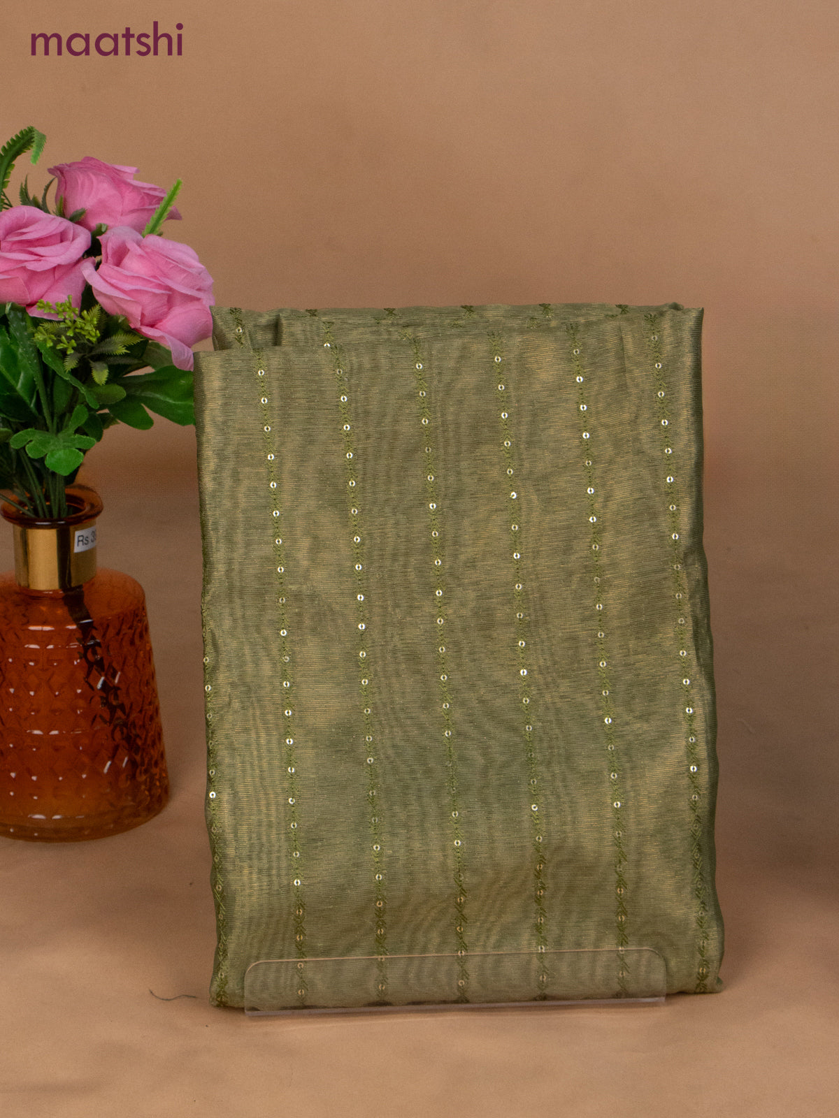 Tissue dress material green shade with allover sequin work and bottom & dupatta