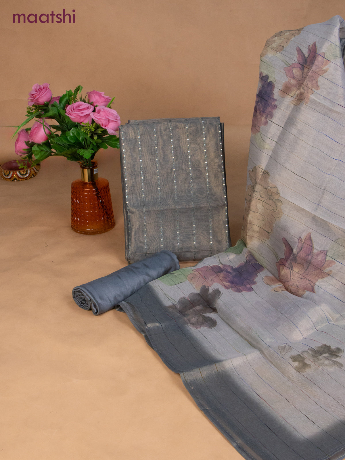 Tissue dress material grey shade with allover sequin work and bottom & dupatta