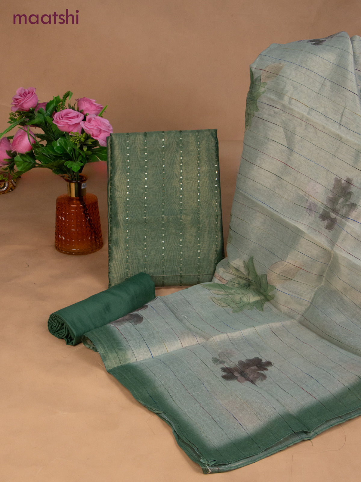 Tissue dress material green with allover sequin work and bottom & dupatta