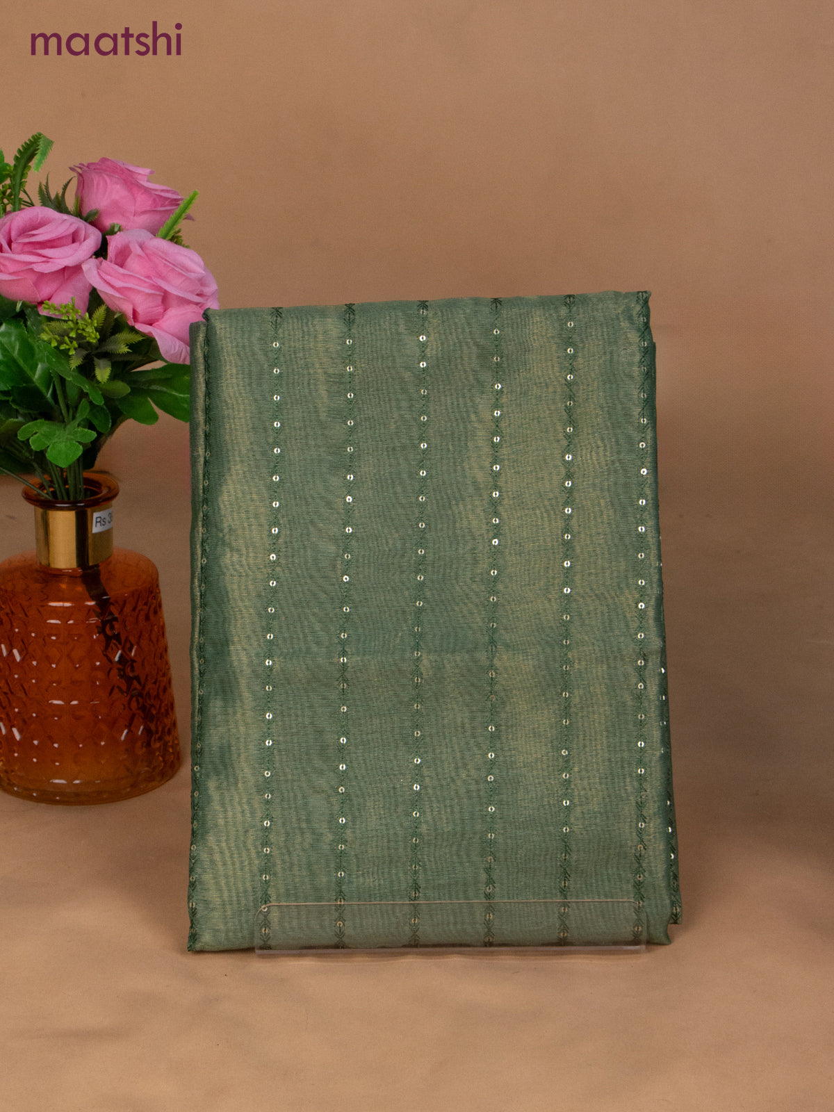 Tissue dress material green with allover sequin work and bottom & dupatta