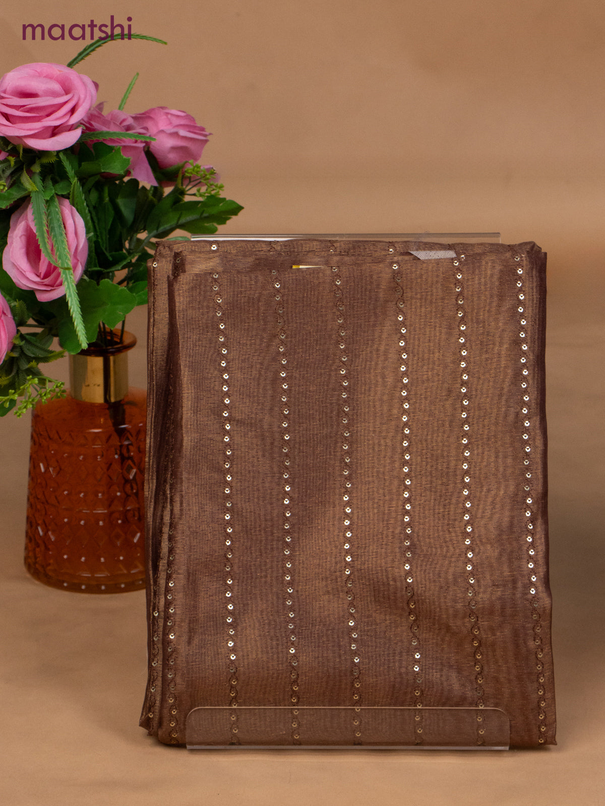 Tissue dress material brown and peach shade with allover sequin work and bottom & dupatta