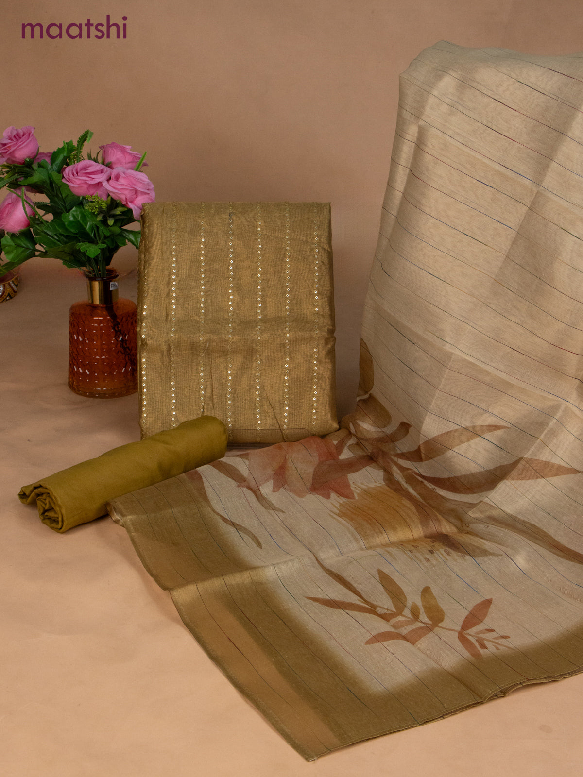 Tissue dress material mustard green and beige with allover sequin work and bottom & dupatta