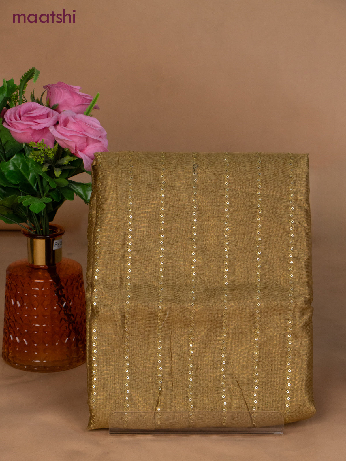 Tissue dress material mustard green and beige with allover sequin work and bottom & dupatta