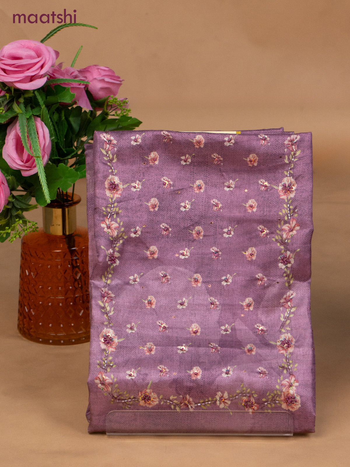 Muslin dress material mauve pink with sequin & beaded work neck pattern and bottom & dupatta
